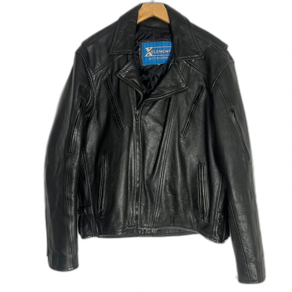 Xelement Men's Black Leather Motorcycle Jacket Moto Riding Size XL